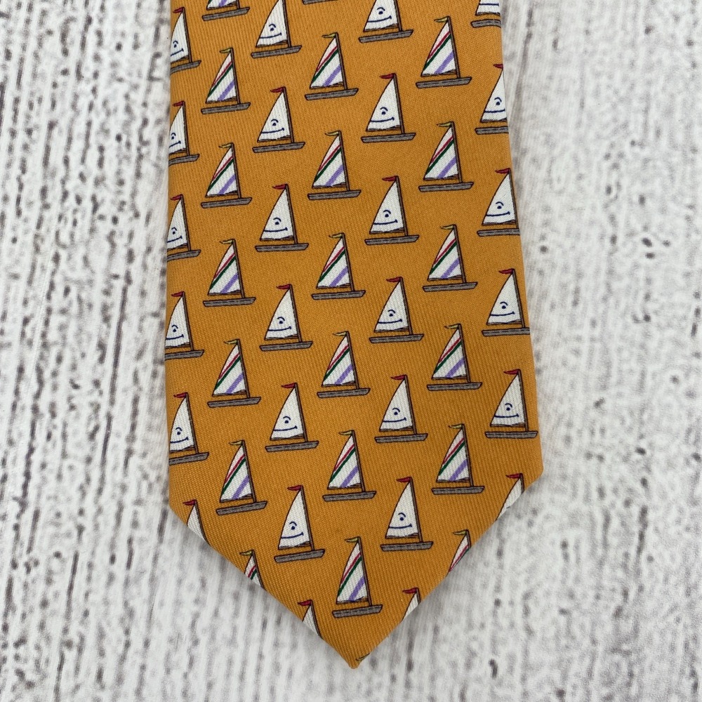 Vineyard Vines Silk Tie Boys Teens 49" Orange Bird of Paradise Smile Sailboats